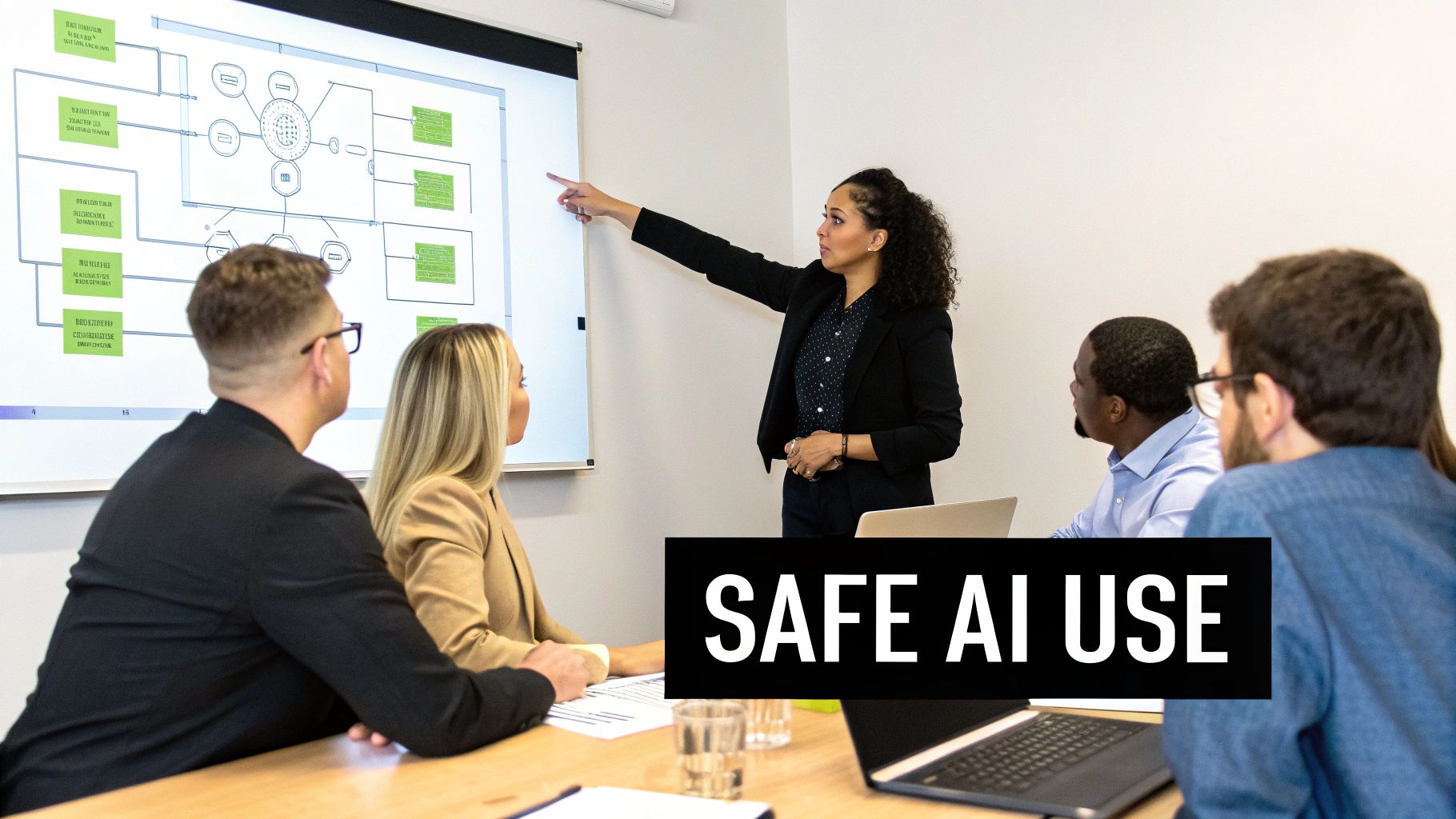 A female presenter points to a flowchart on a screen during a 'SAFE AI USE' meeting with diverse colleagues.