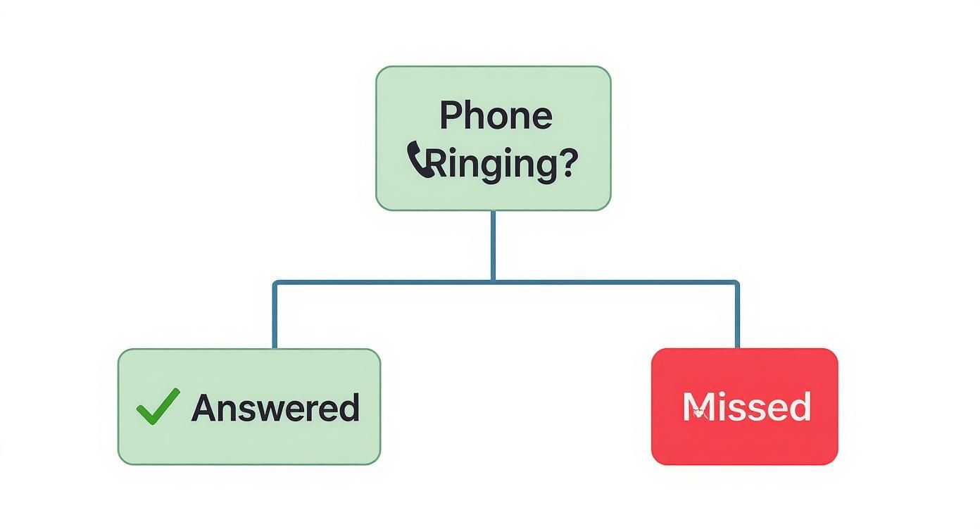 A simple flowchart demonstrating the outcomes of a phone call: answered or missed.