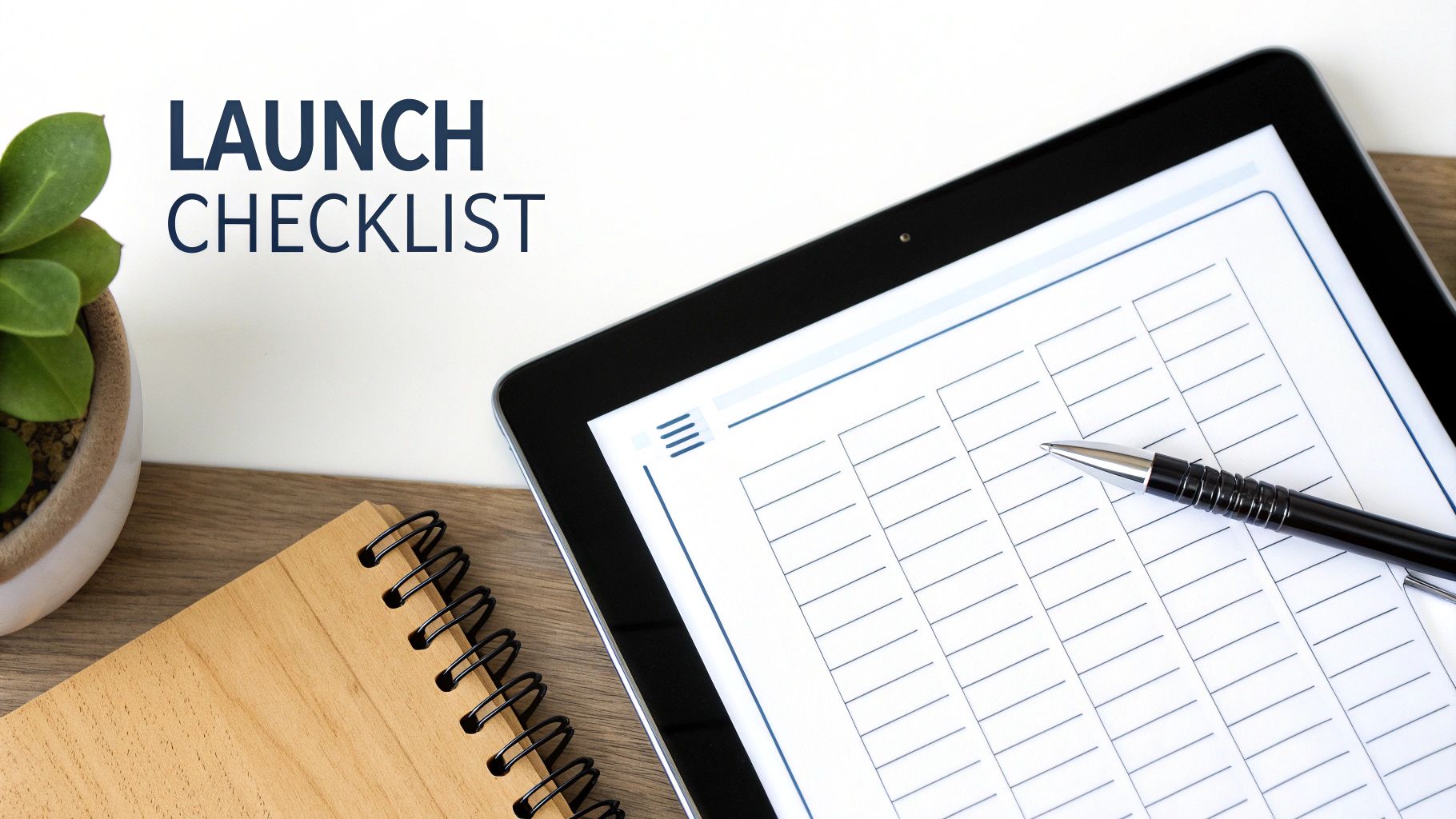 A tablet with a launch checklist, a pen, a notebook, and a plant on a desk.