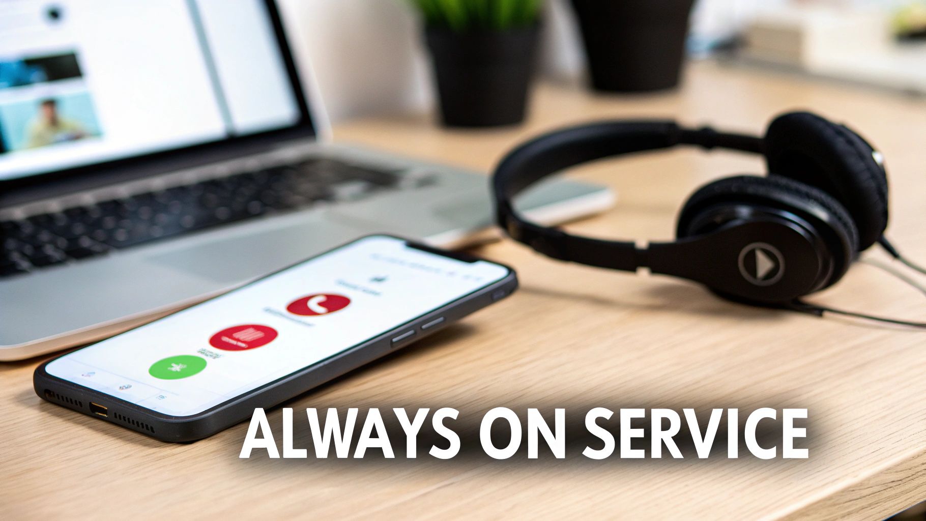 A desk setup with a laptop, a smartphone displaying a call screen, and black headphones, signifying always-on service.