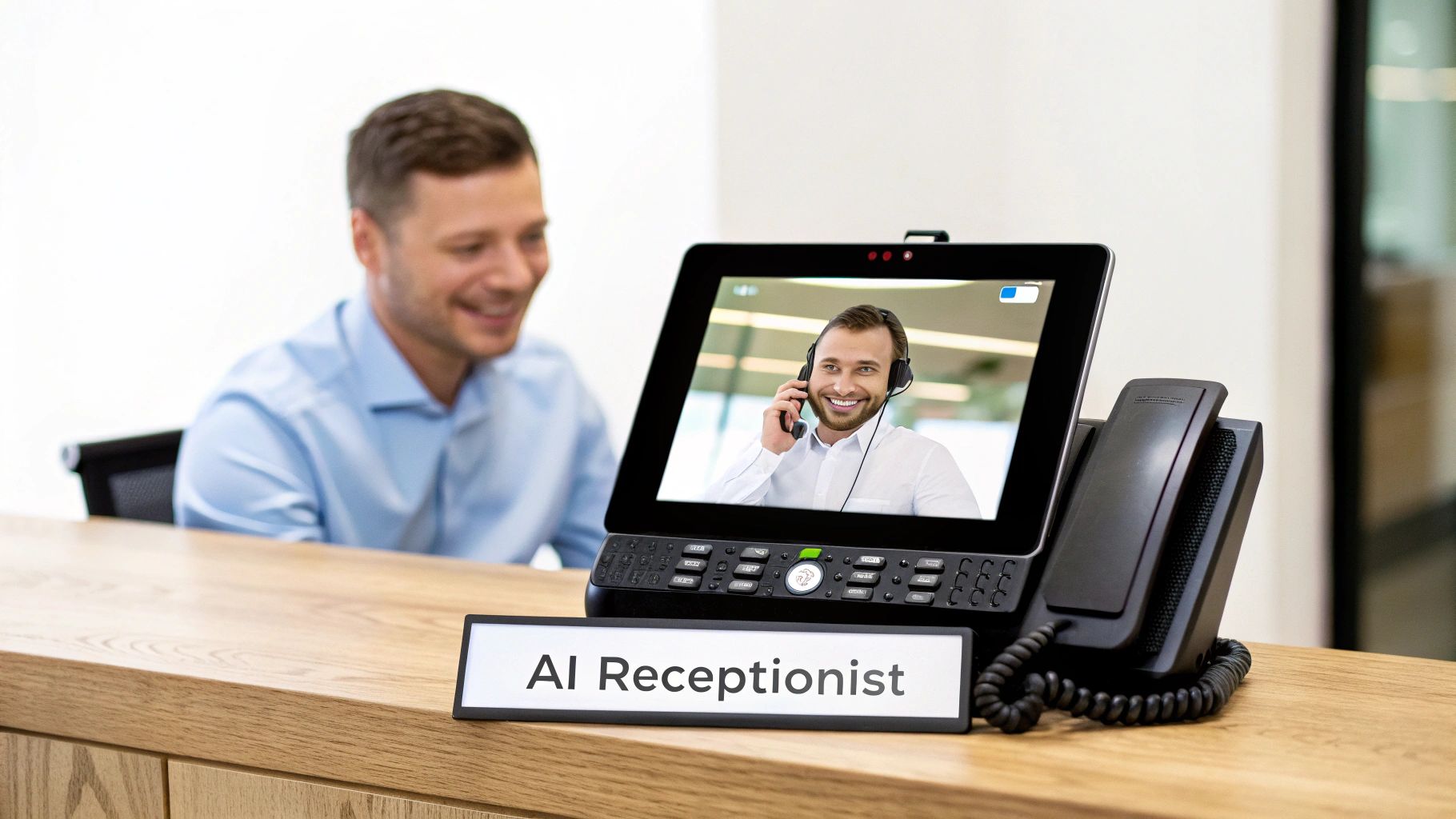 Smiling man interacting with an AI receptionist displaying a virtual assistant on a video call.