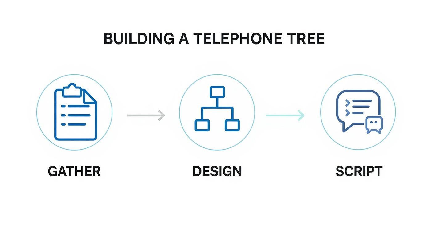 A three-step process diagram for building a telephone tree: gather, design, and script.