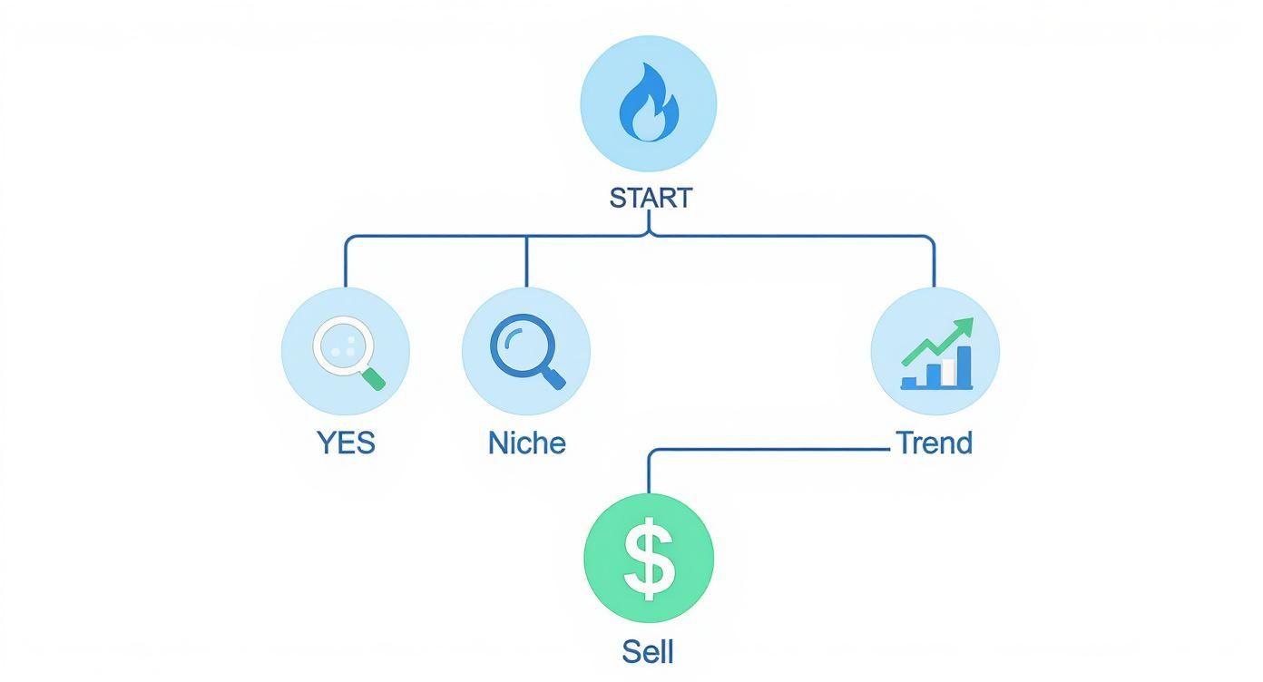 Flowchart showing steps for a reselling business, including market niche identification and trend analysis for selling.