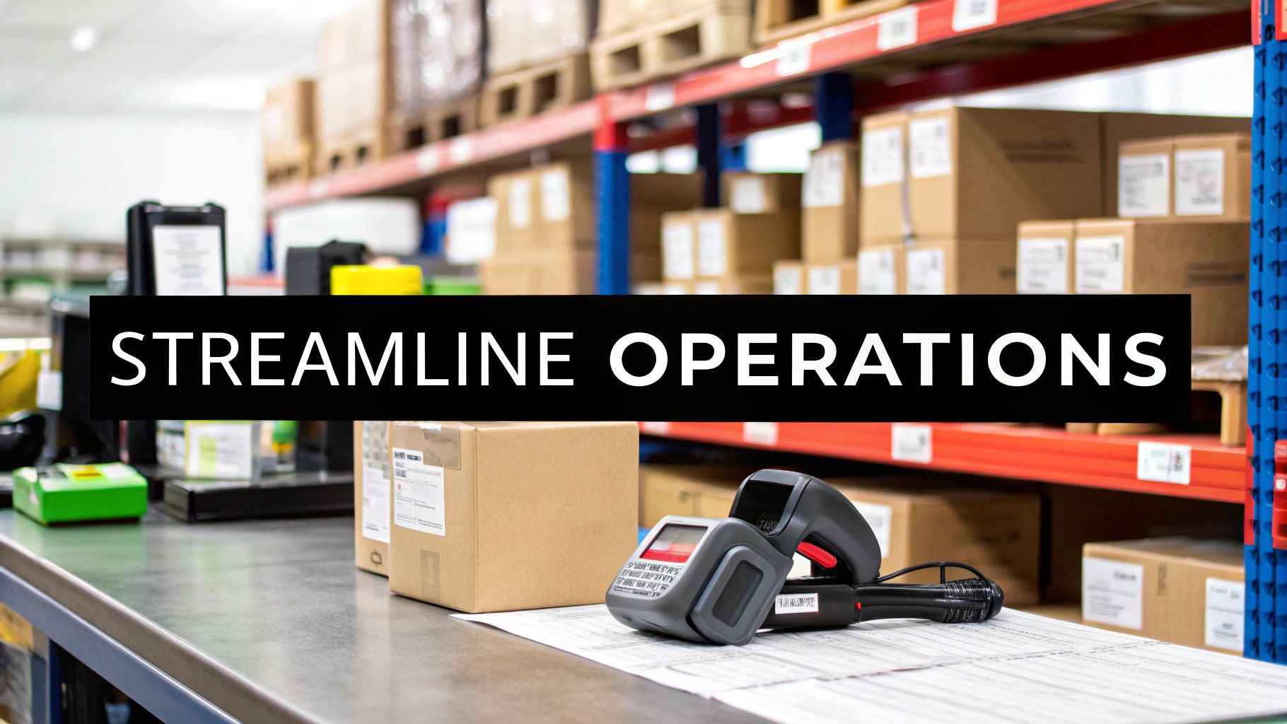 A barcode scanner and boxes on a counter in a warehouse with a 'STREAMLINE OPERATIONS' banner.