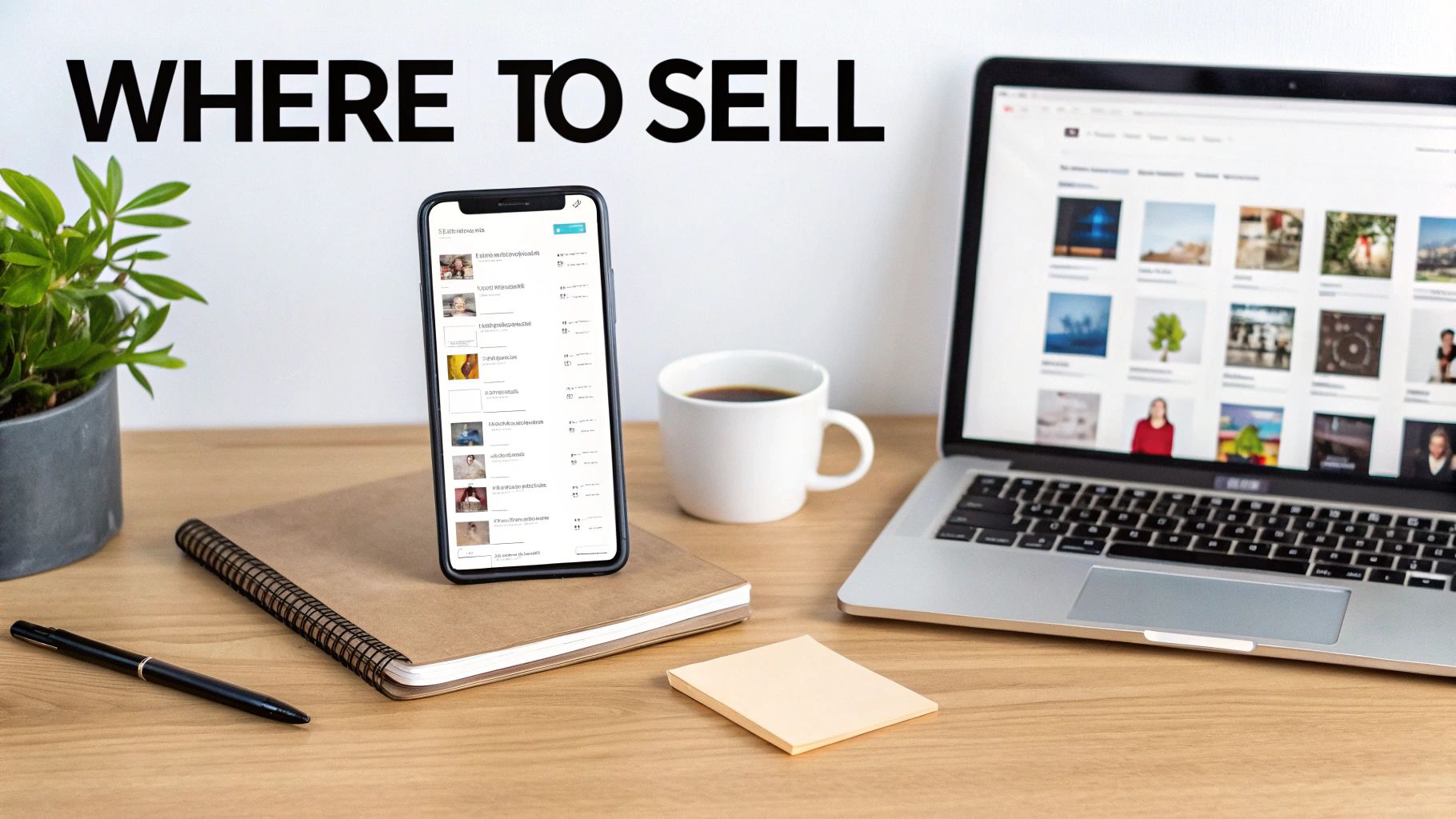 A modern workspace with a laptop, smartphone, coffee, and plant, featuring "WHERE TO SELL" text.