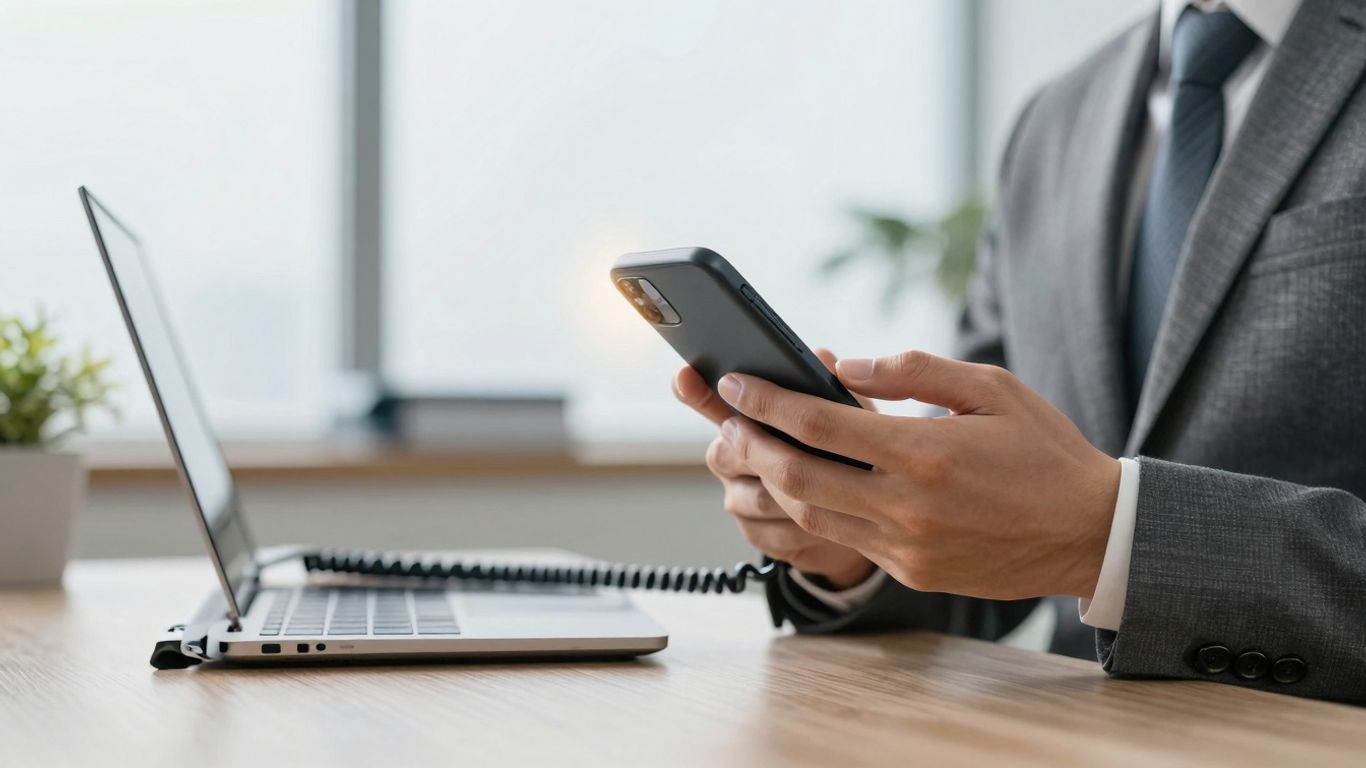 Business professional using a phone receptionist service.