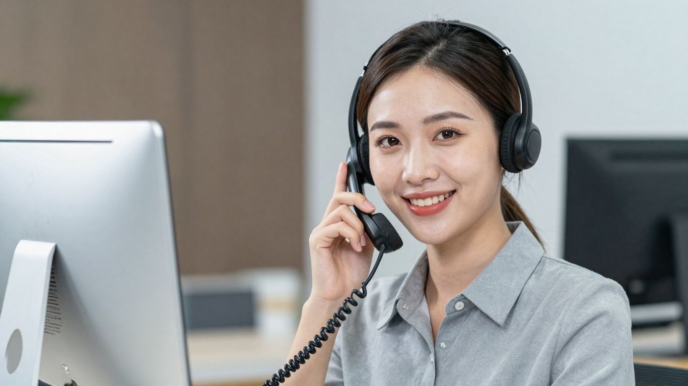 Receptionist answering a phone with a smile.