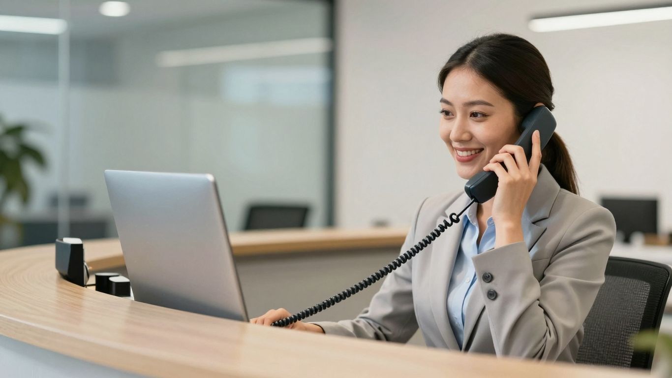 Receptionist speaking clearly on a phone.