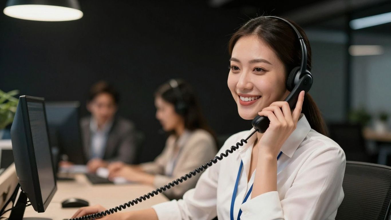 Receptionist answering phone with a smile.