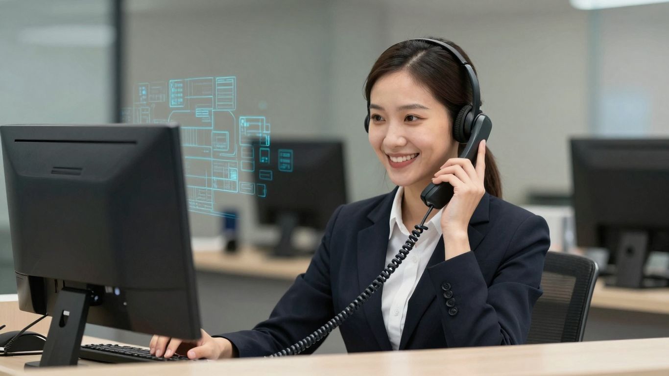 Receptionist with headset answering phone