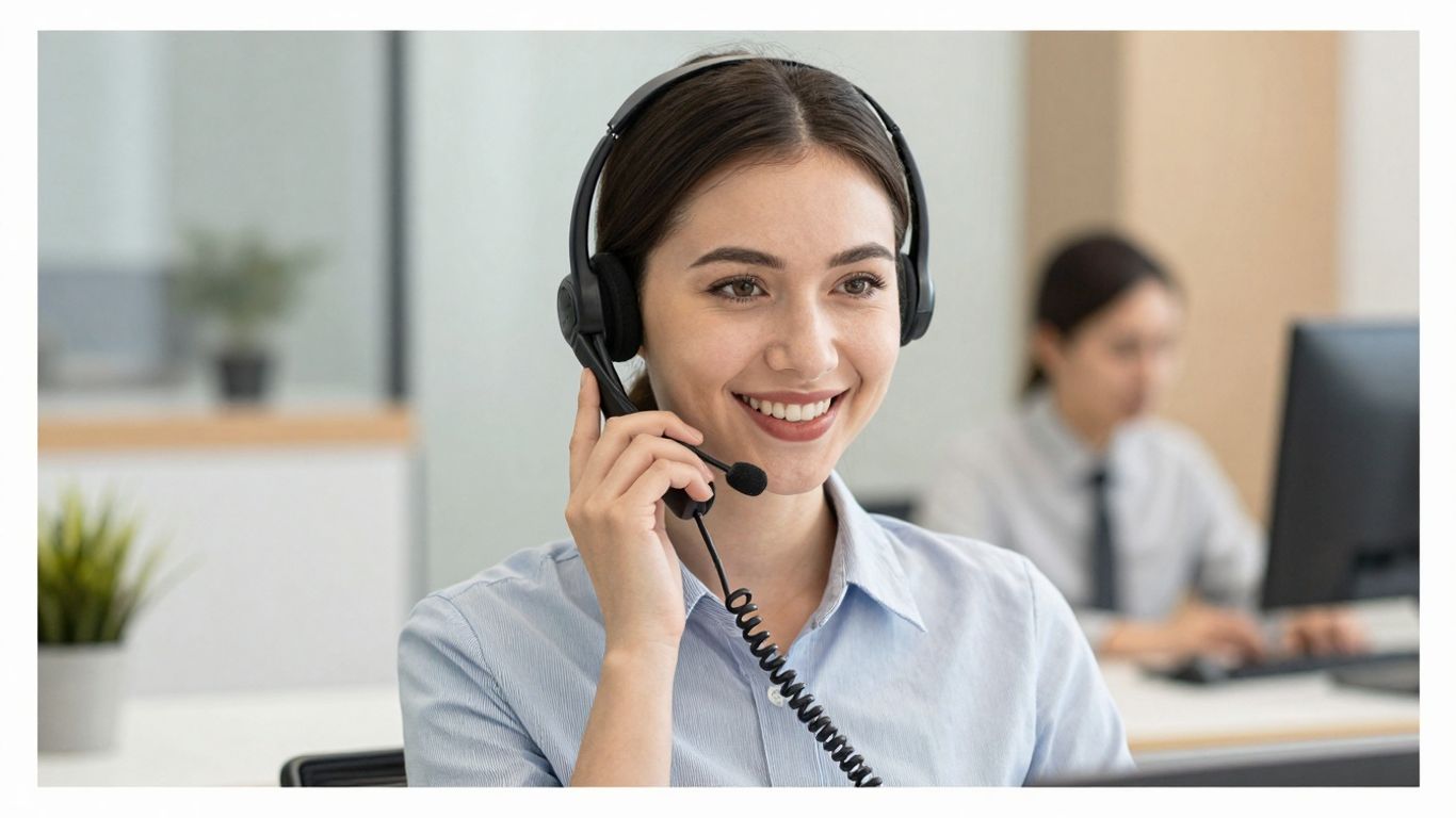Receptionist with headset answering phone in office