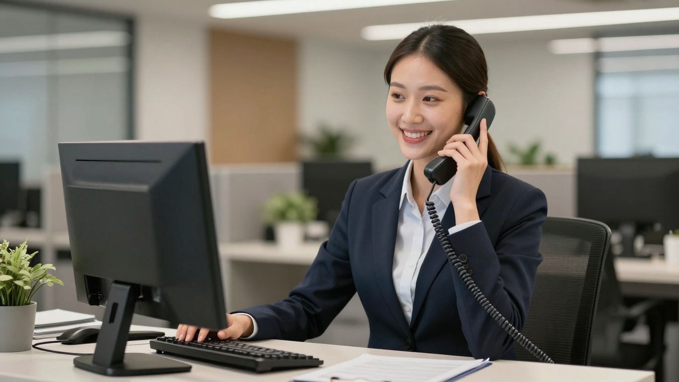 Receptionist answering a phone with a smile.