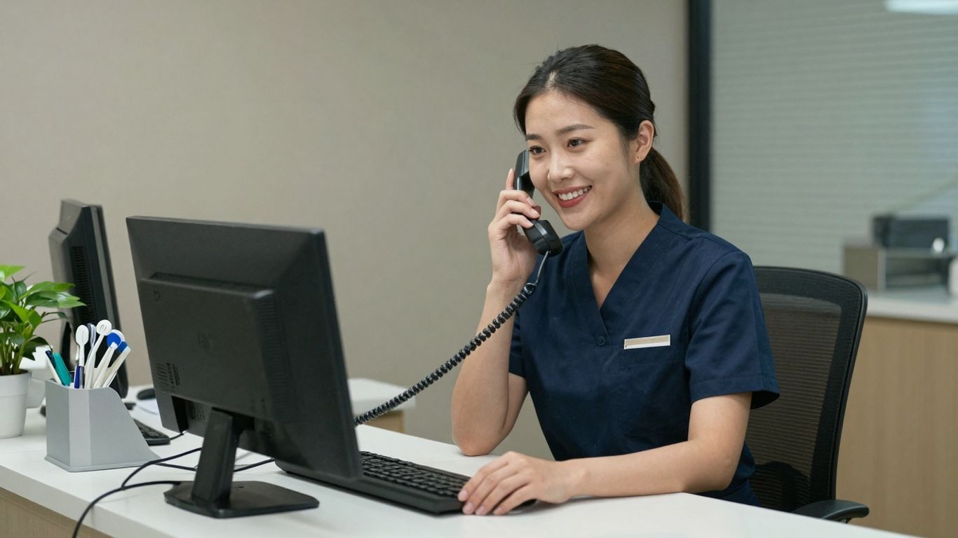 Dental receptionist on the phone at desk.