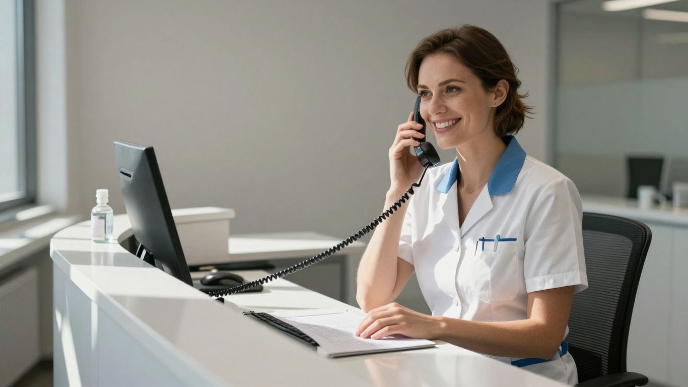 Dental receptionist confirming an appointment on the phone.