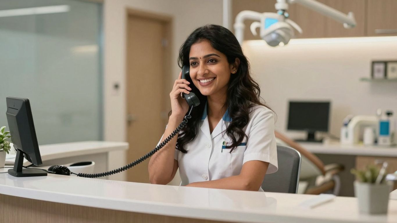 Dental receptionist on the phone at desk.