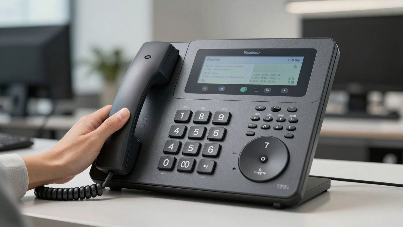 Modern receptionist phone system console on a desk.