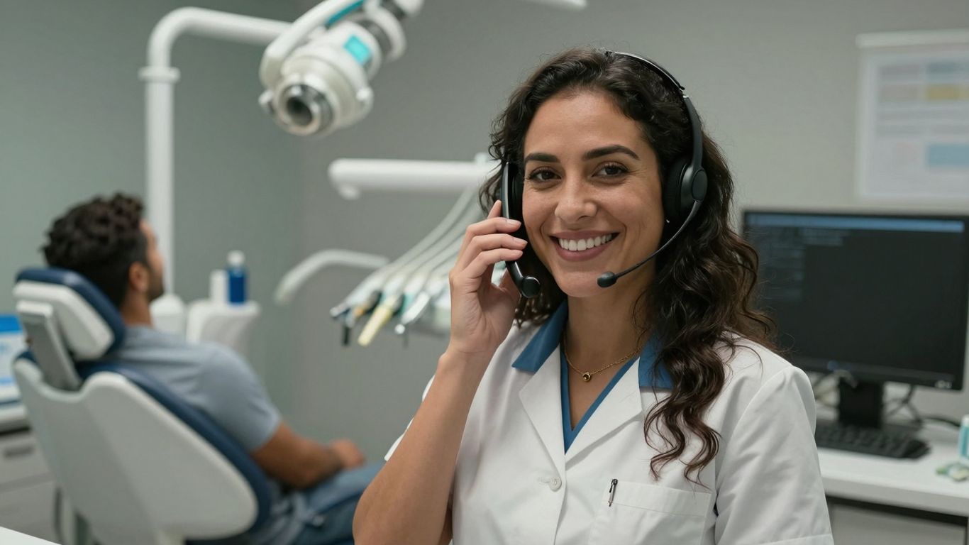 Dental receptionist on the phone in a modern office.