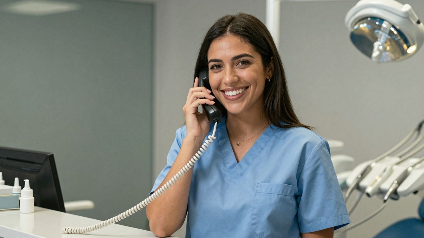 Dental receptionist on the phone in an office.