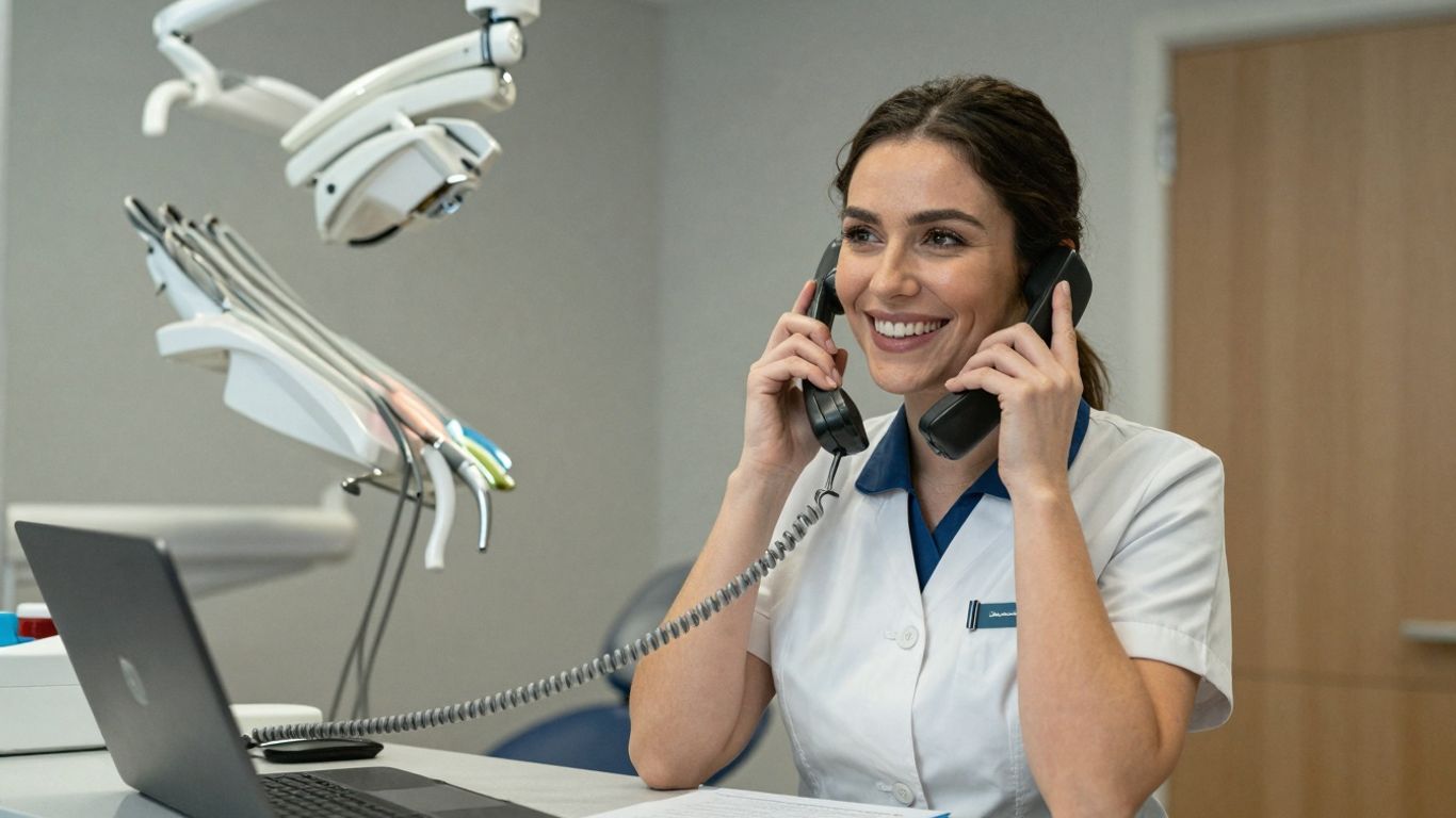 Dental receptionist on the phone in an office.