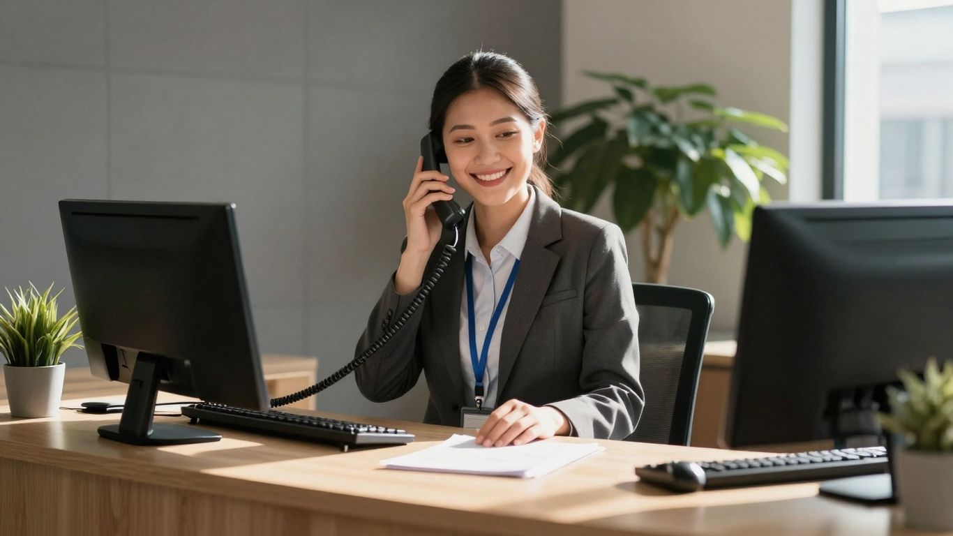 Friendly receptionist answering phone at desk.