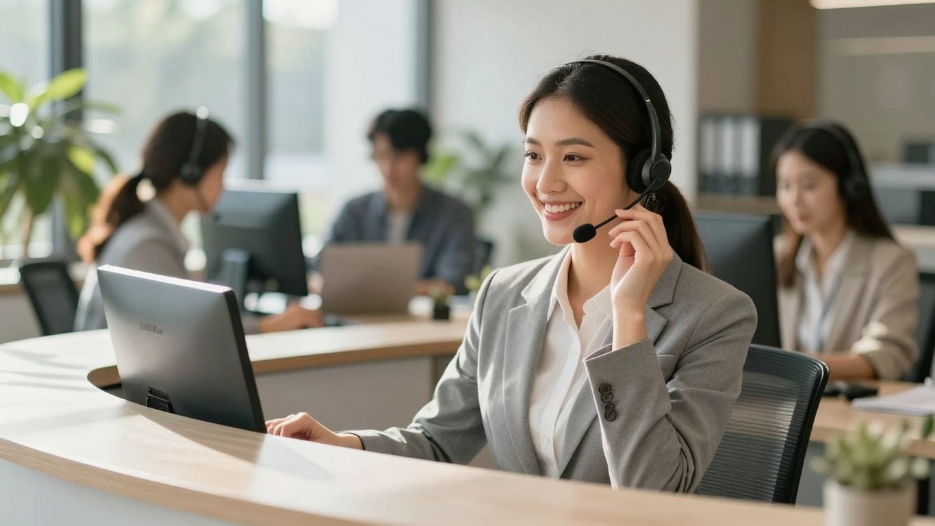 Smiling receptionist with headset in office