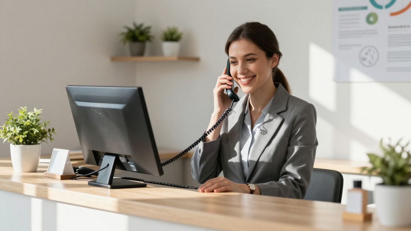 Medical receptionist answering phone in a bright office.