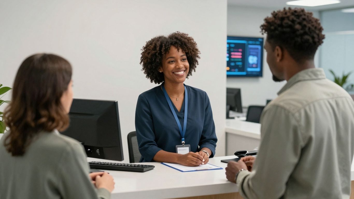 Medical office receptionist assisting a patient with technology.