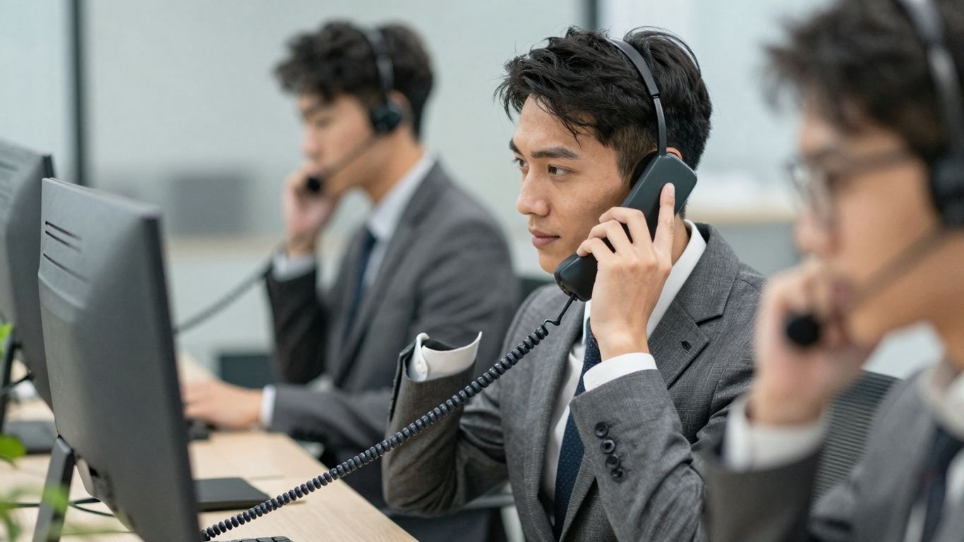 Business person answering phone, team communication support.