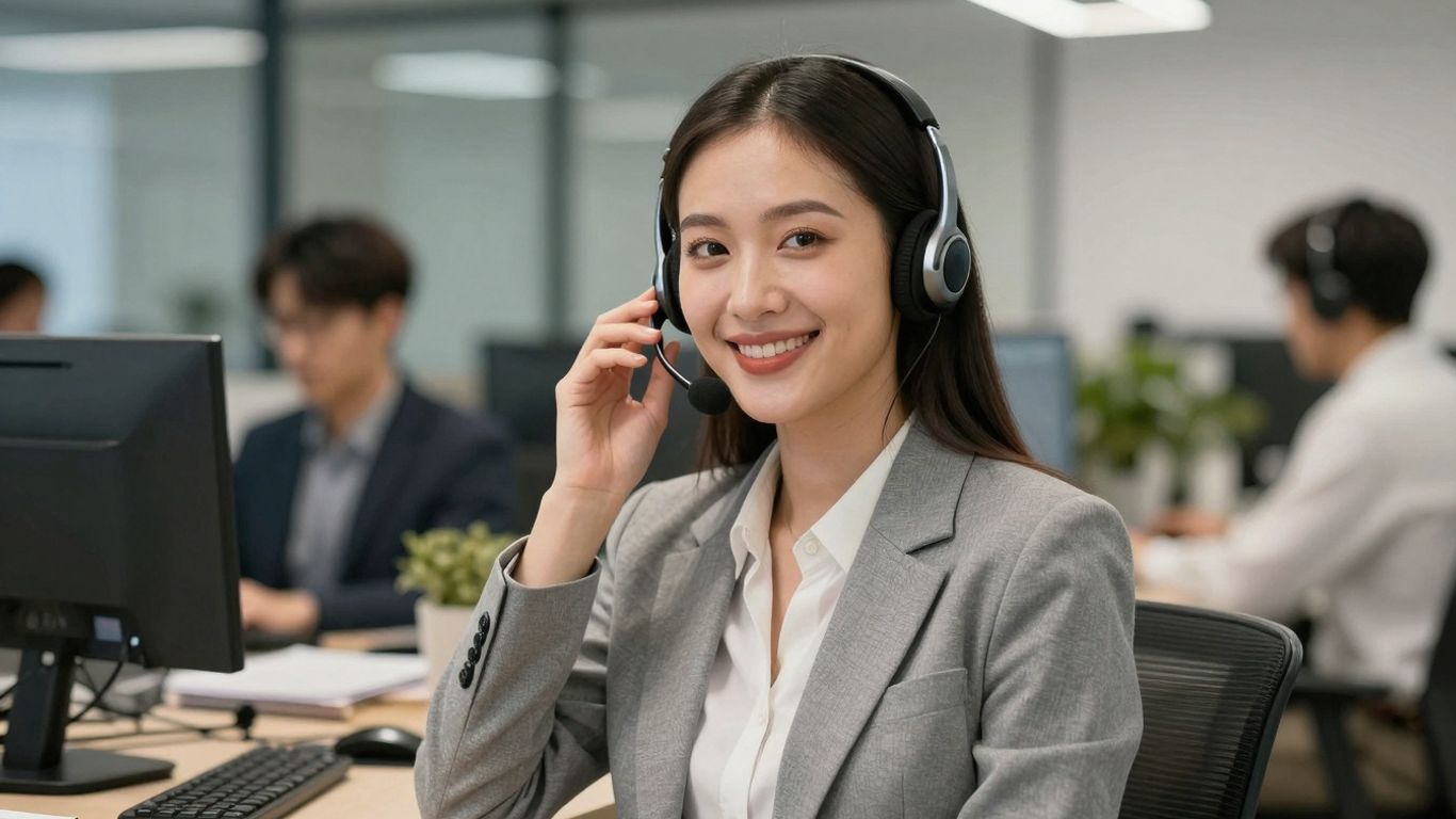 Businesswoman with headset, modern office background.