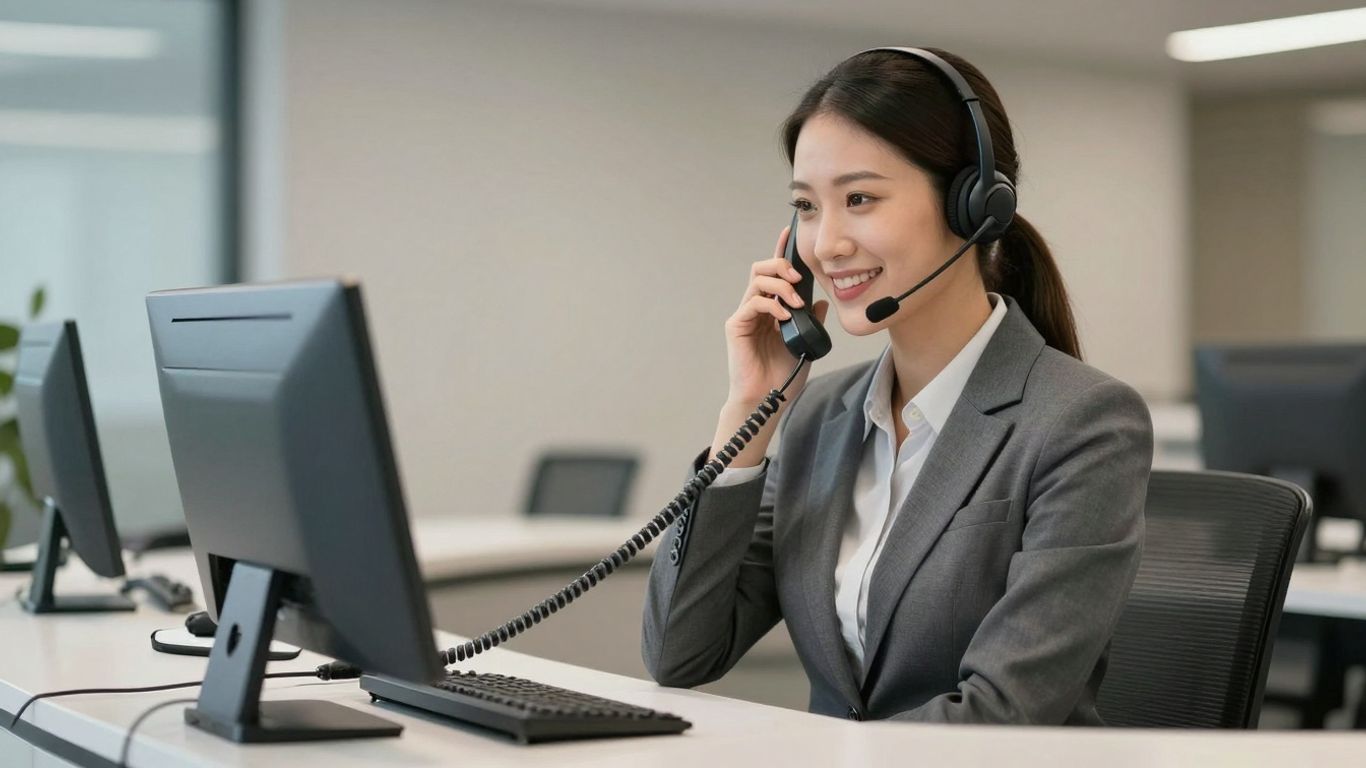 Business receptionist answering a phone with a smile.