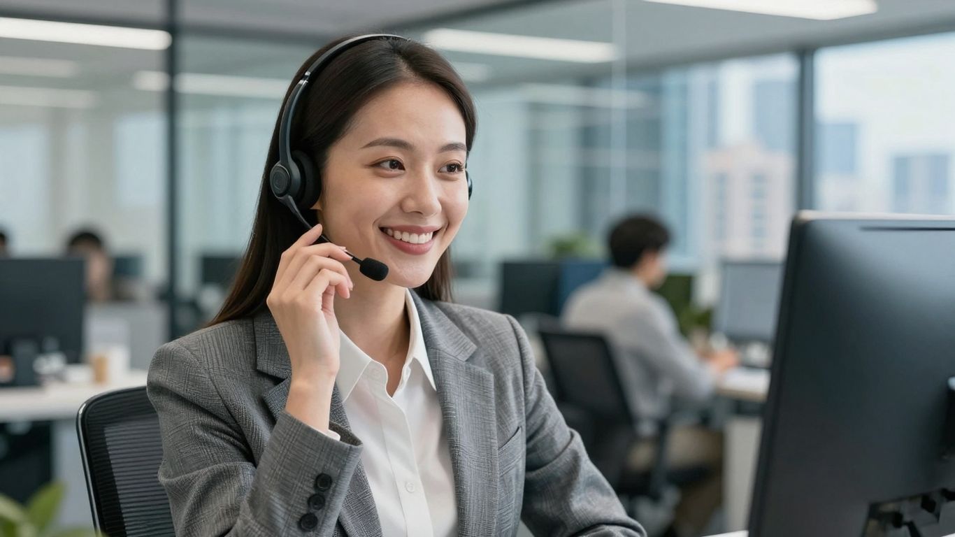 Professional woman with headset, modern office, cityscape background.
