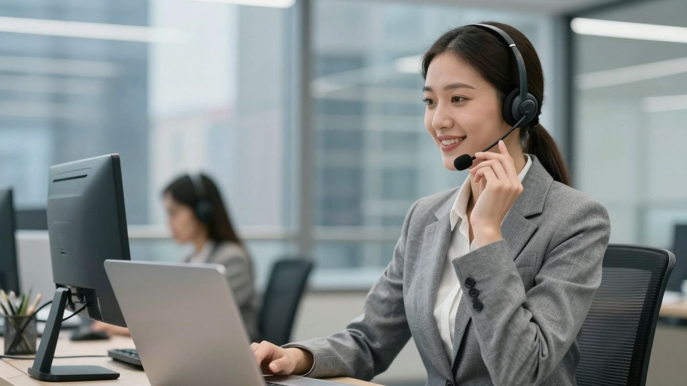 Businesswoman with headset, modern office, cityscape background.