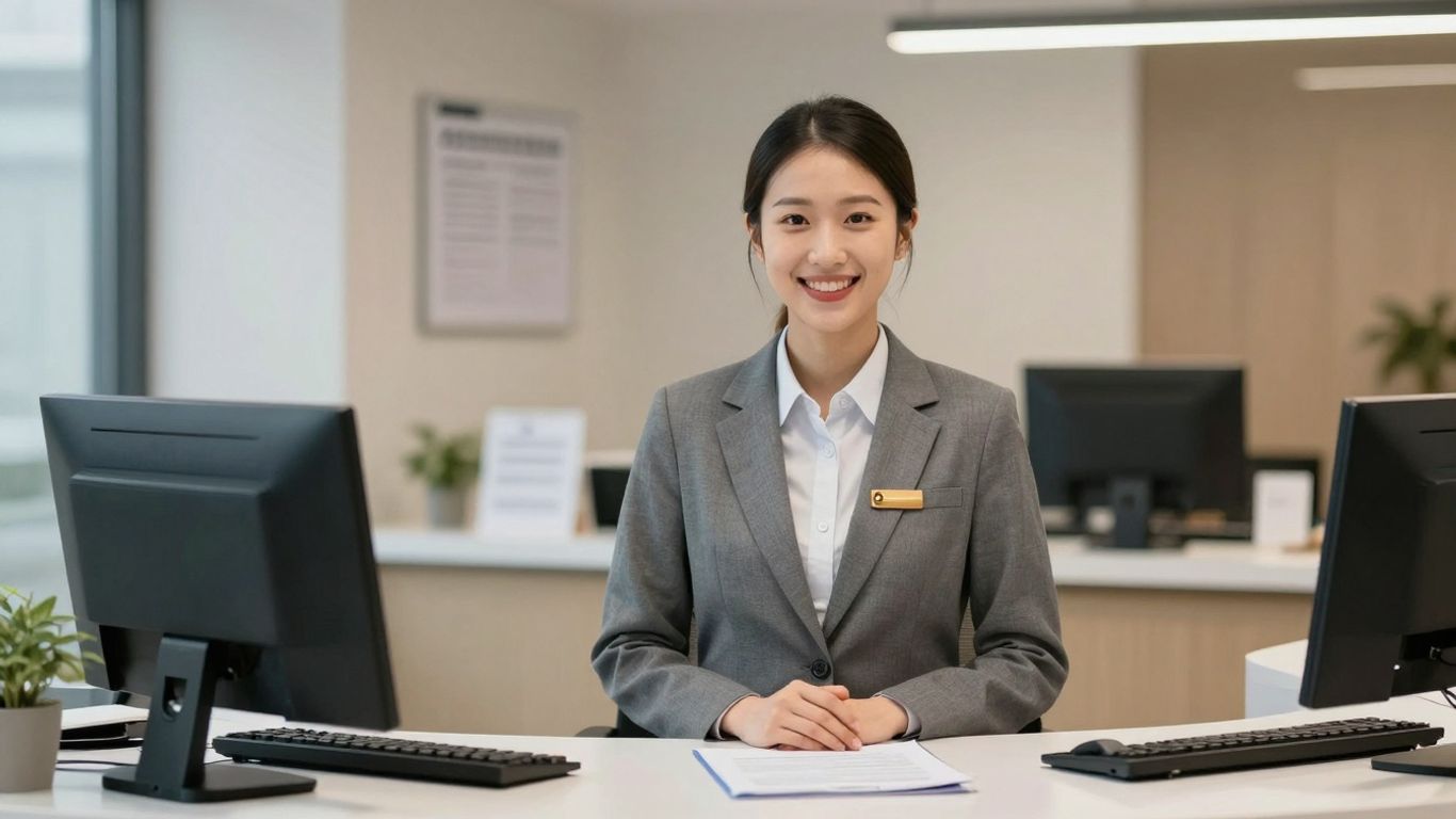 Professional receptionist in a modern office setting.