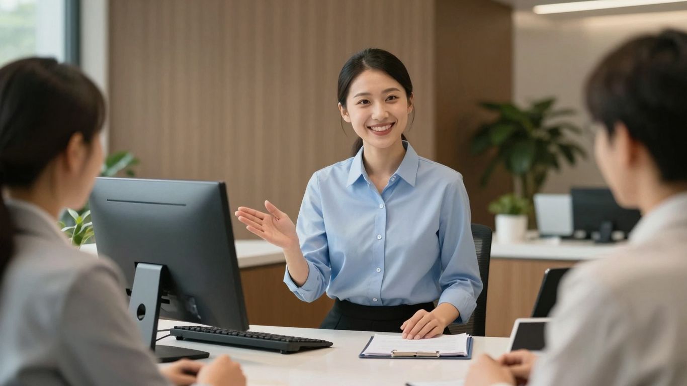 Law office receptionist assisting a client with a smile.
