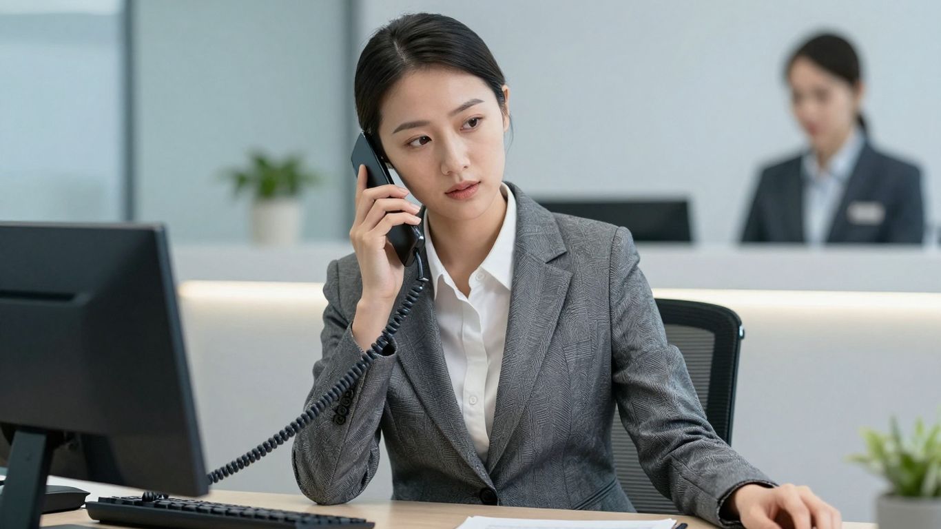 Professional receptionist answering a business phone.