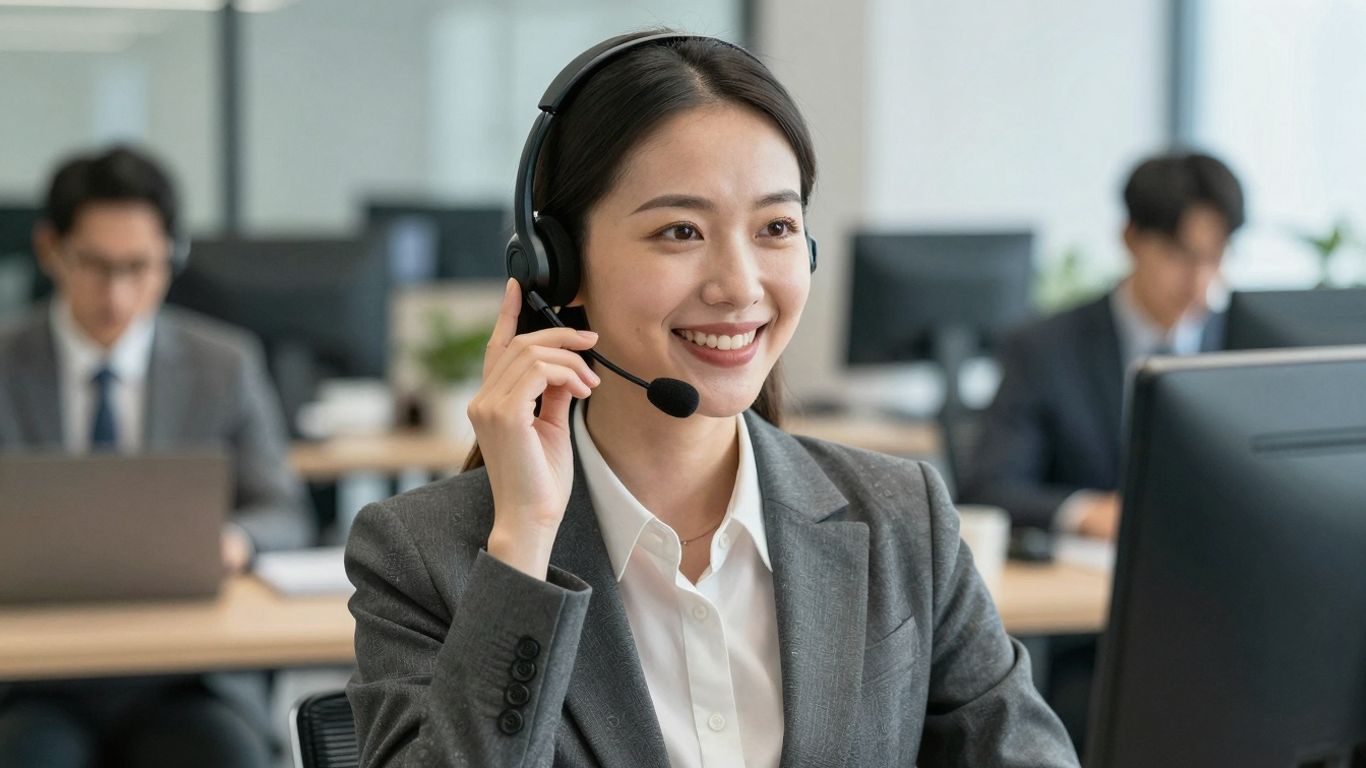 Professional receptionist with headset in modern office.