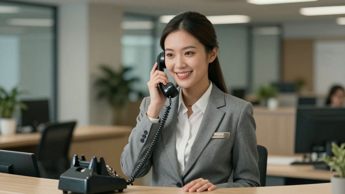 Professional receptionist answering a vintage telephone with a smile.