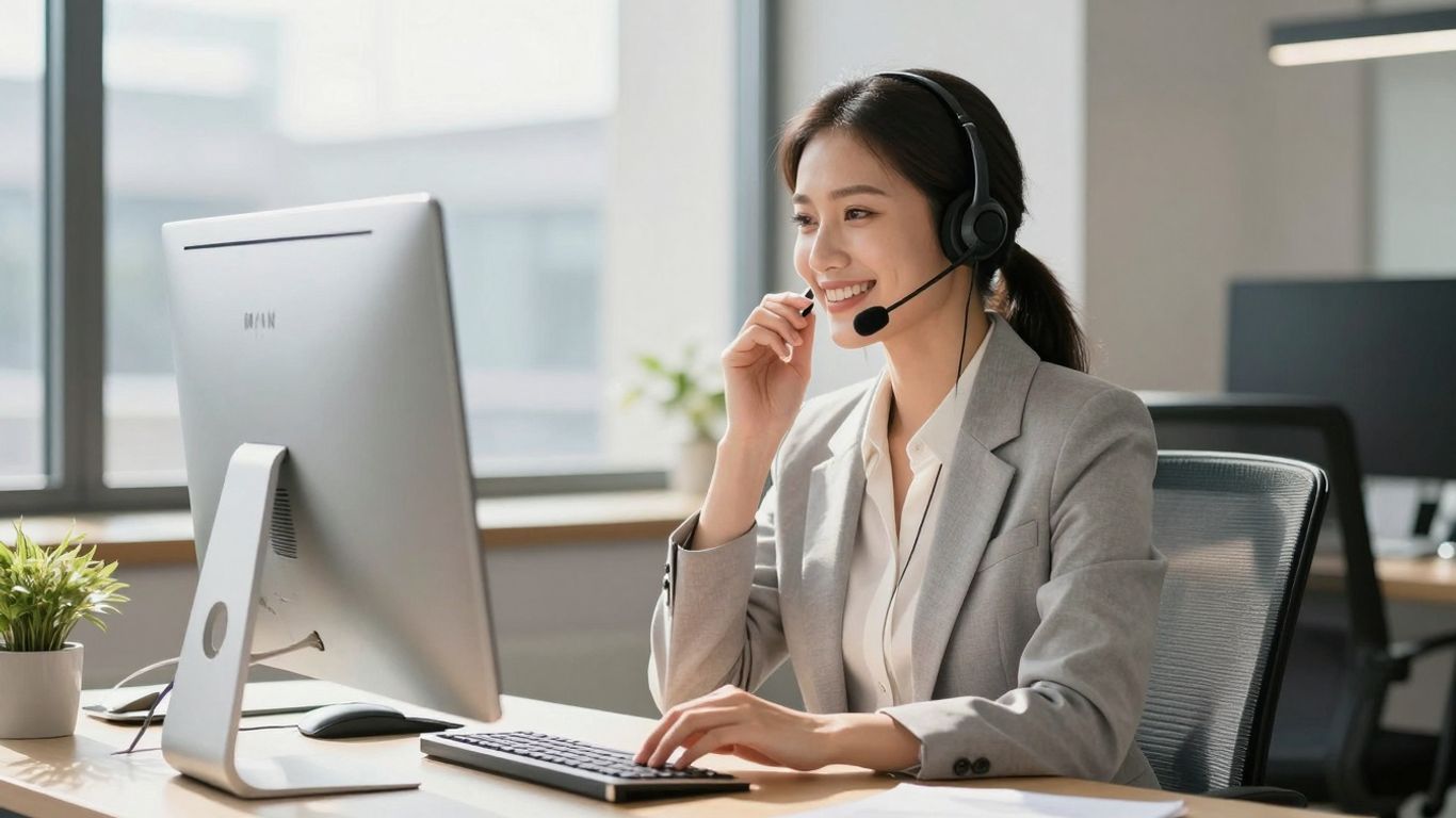 Professional woman using a headset in a modern office.