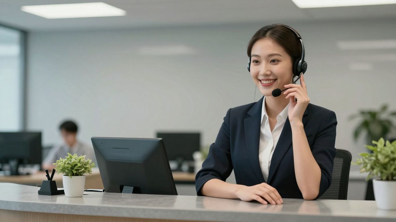 Receptionist answering a phone with a headset in an office.