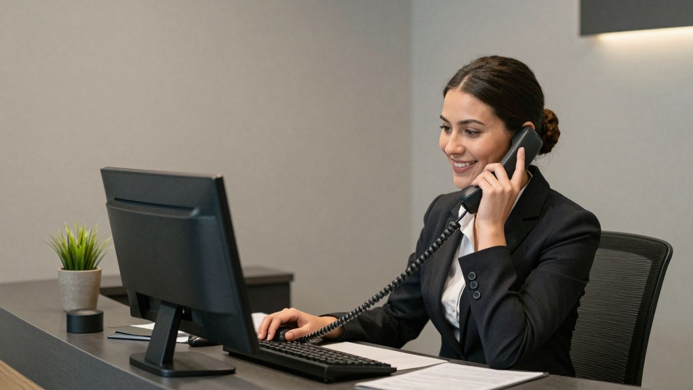 Receptionist answering a phone call with a smile.