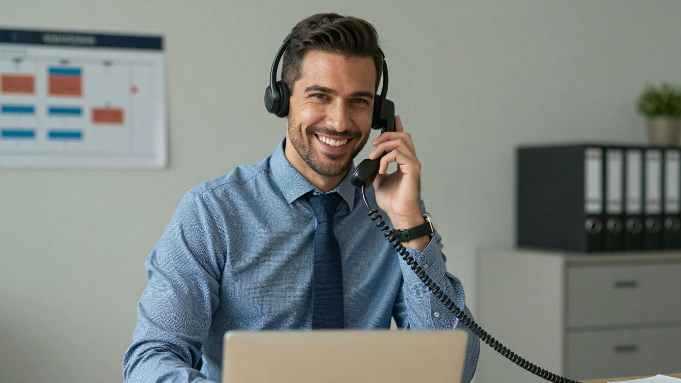 Receptionist answering a phone call in an organized office.