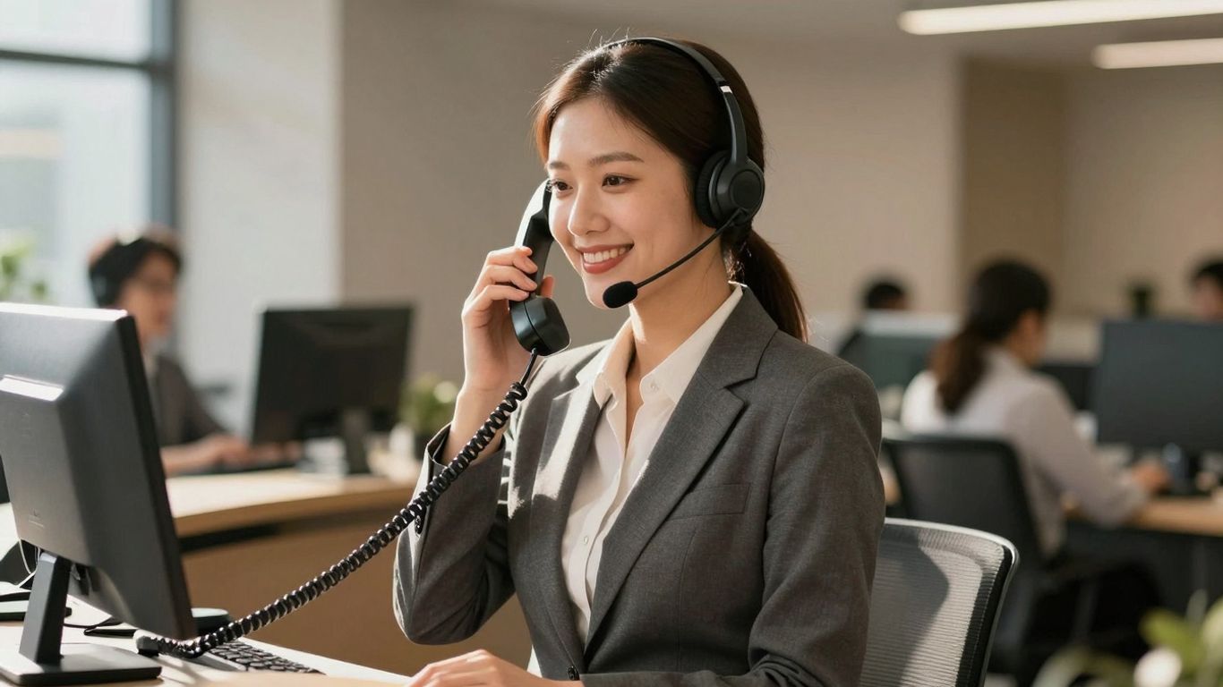 Receptionist answering a phone call with a headset.