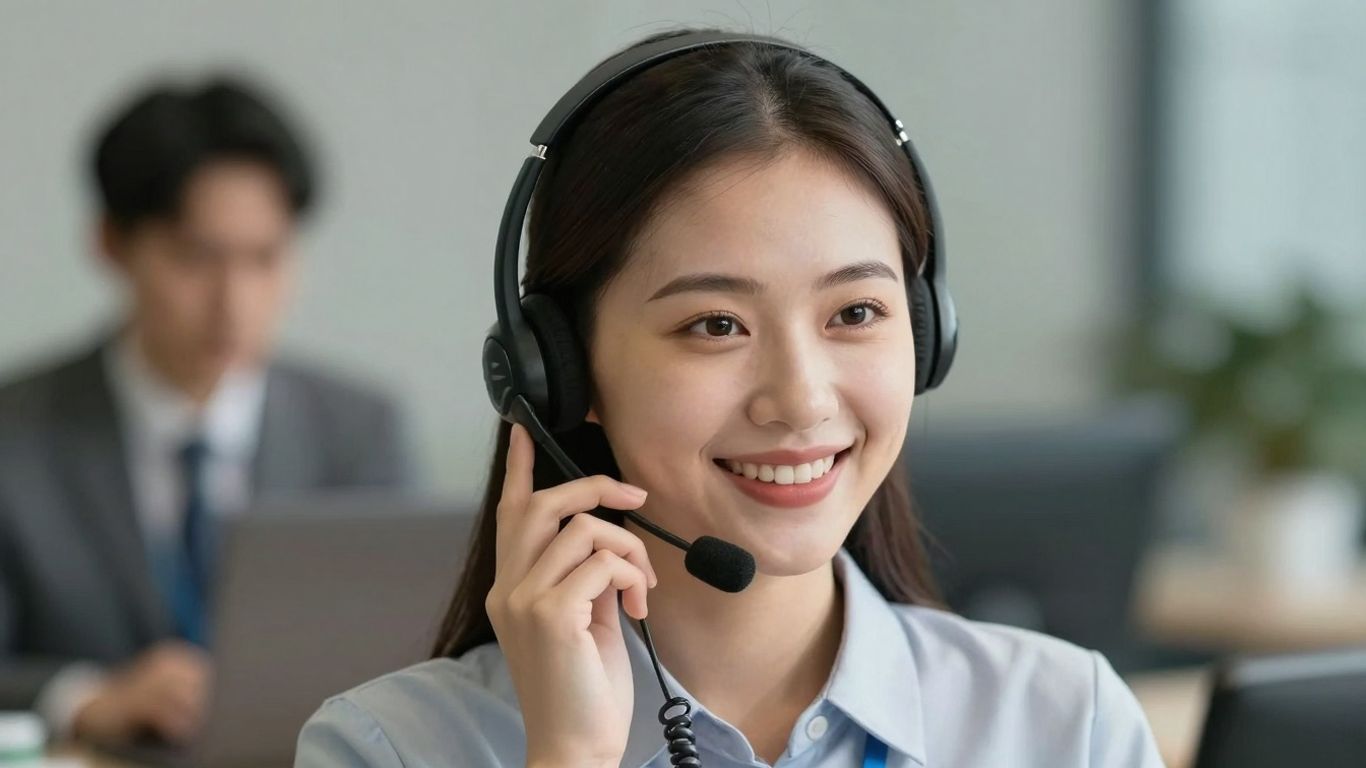 Receptionist answering phone with headset and smile.