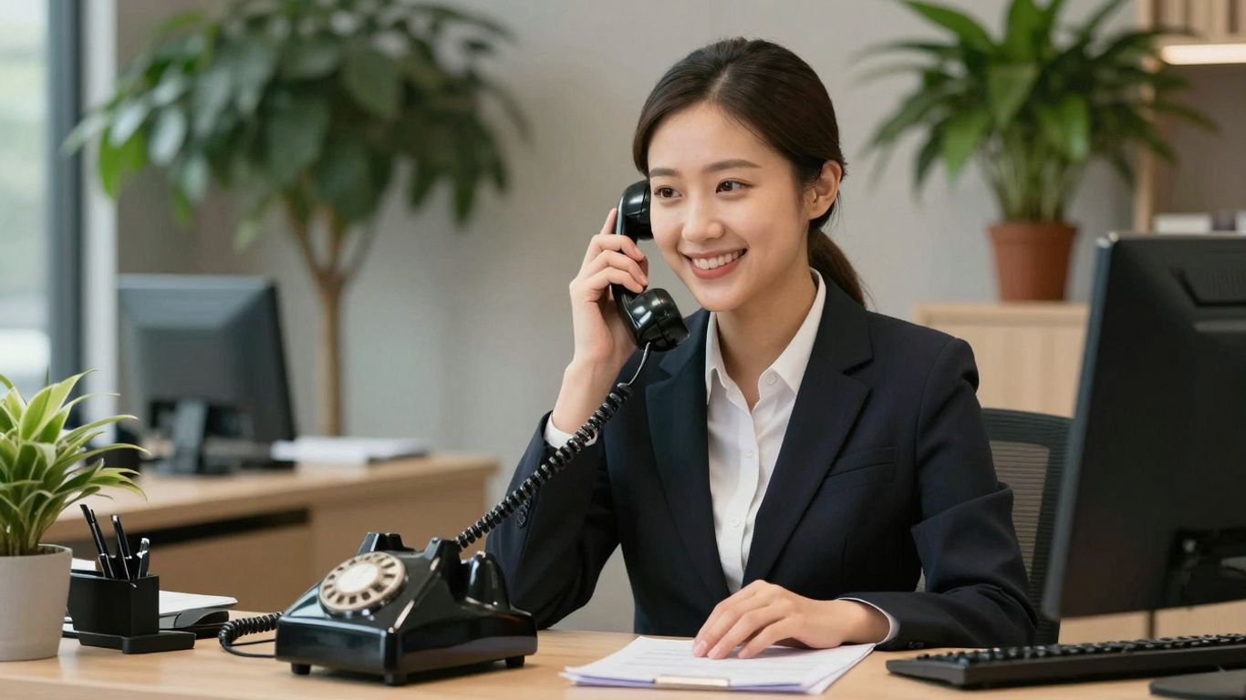 Receptionist answering a phone with a smile.