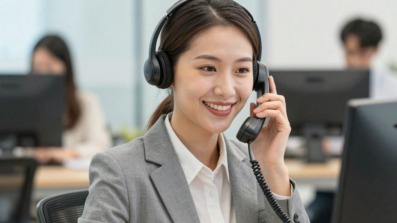 Receptionist answering a phone call with a headset.