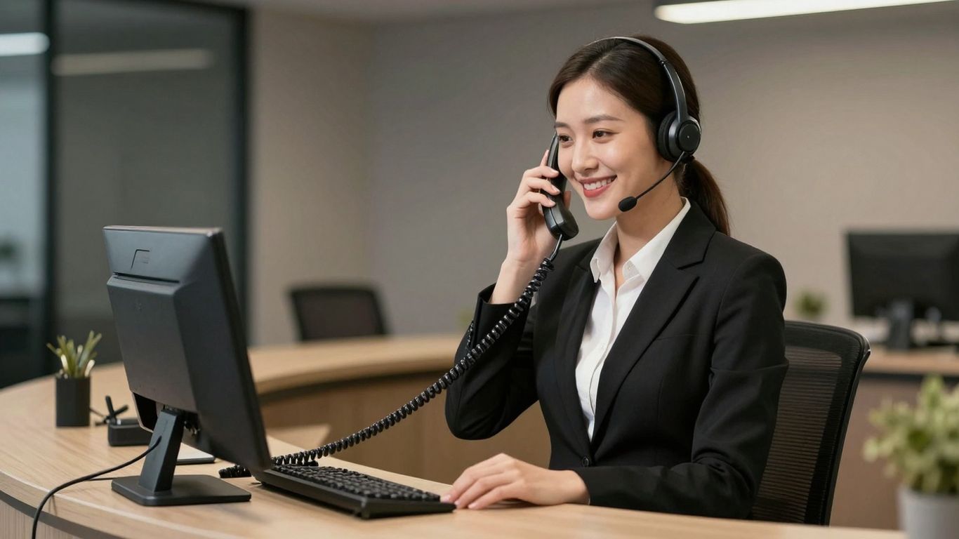Receptionist answering a phone with a headset.