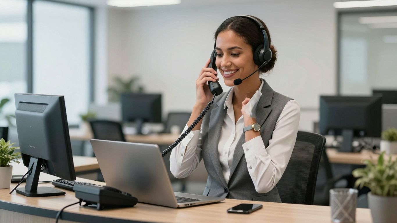 Receptionist answering a phone with a headset.