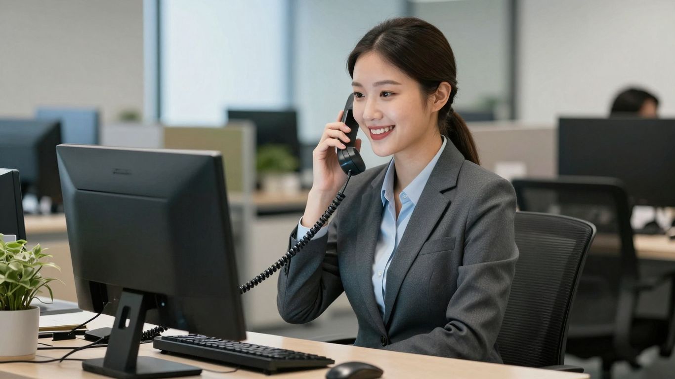 Receptionist professionally answering a phone call at a desk.