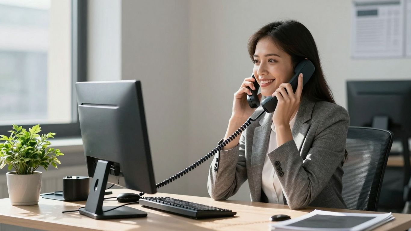 Professional woman answering a virtual receptionist phone.