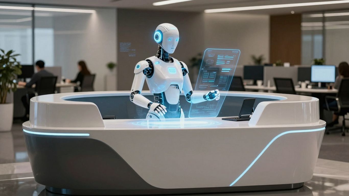 AI receptionist hologram in a modern office setting.